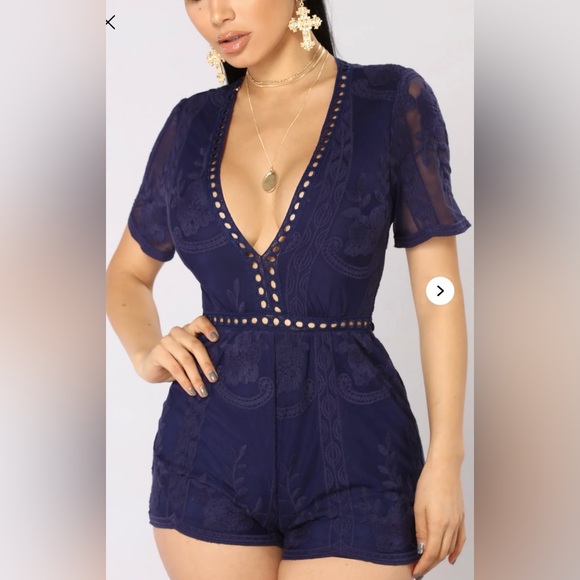 Fashion Nova Deep Blue Lace Romper - Picture 2 of 9